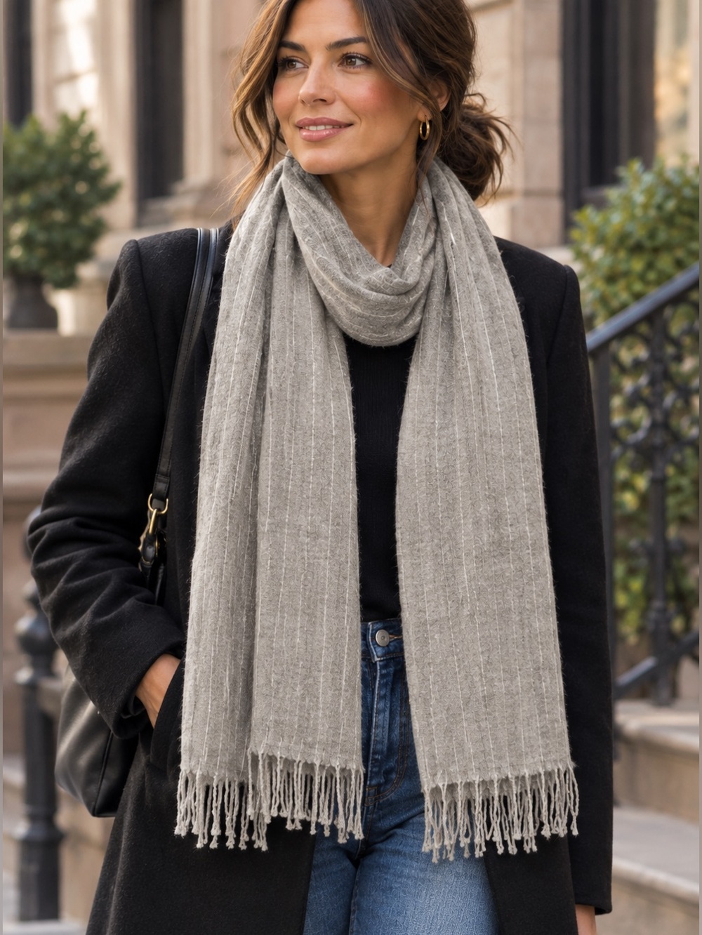 J. Crew Light Gray All Wool Pinstripe Scarf NWTS